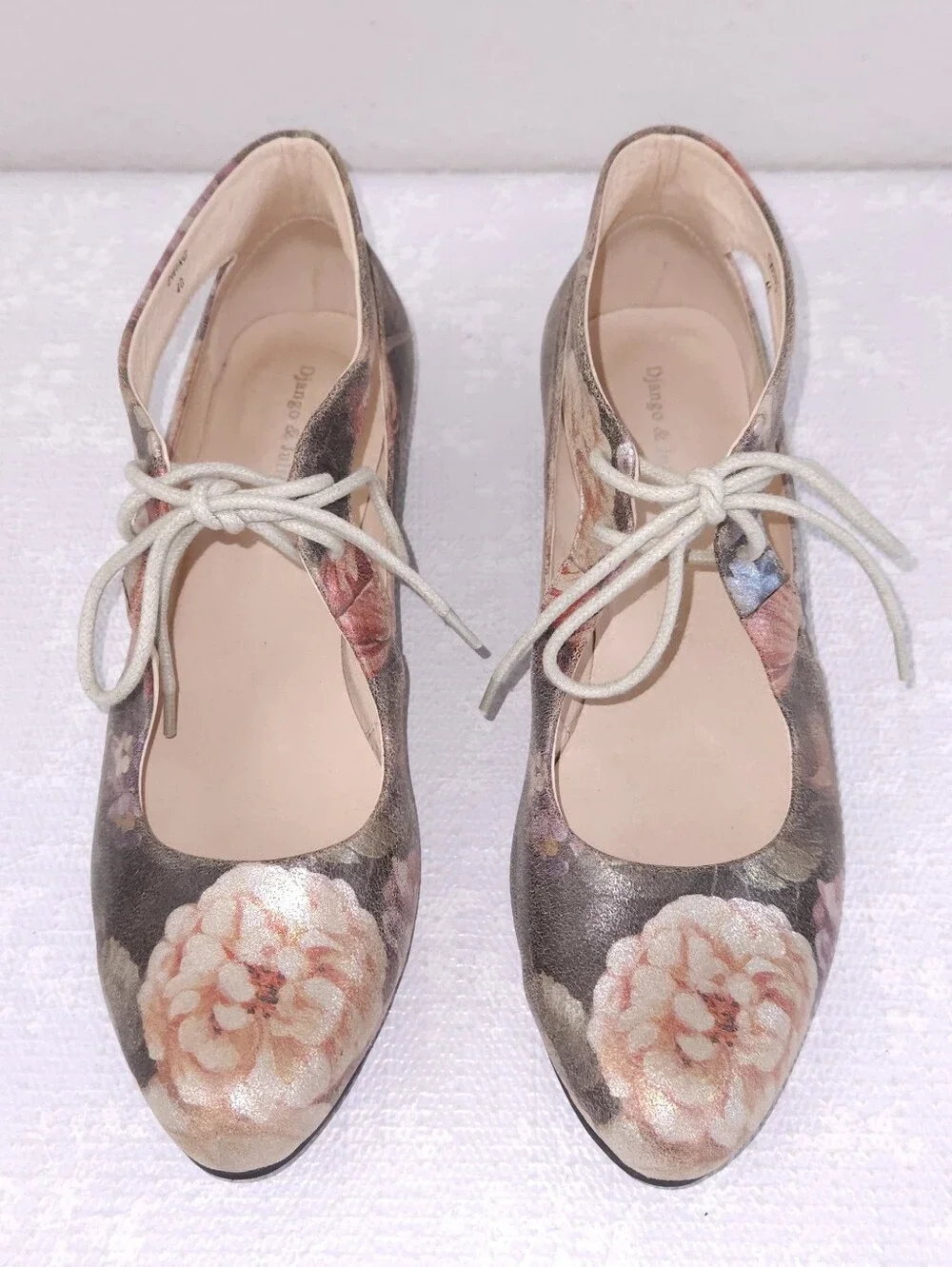 Django & Juliette Lace-Up Mary Jane Flats Ewing Floral Cut-Out Leather Boho